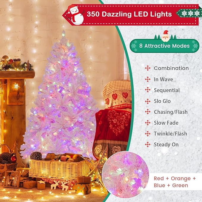 GOFLAME 6FT Pre-Lit Artificial Christmas Tree Snow Flocked, Hinged Xmas Tree with 808 PVC Branch Tips, 350 LED Lights & 8 Lighting Modes, Holiday Decoration Tree for Home, Office, Party, Pink