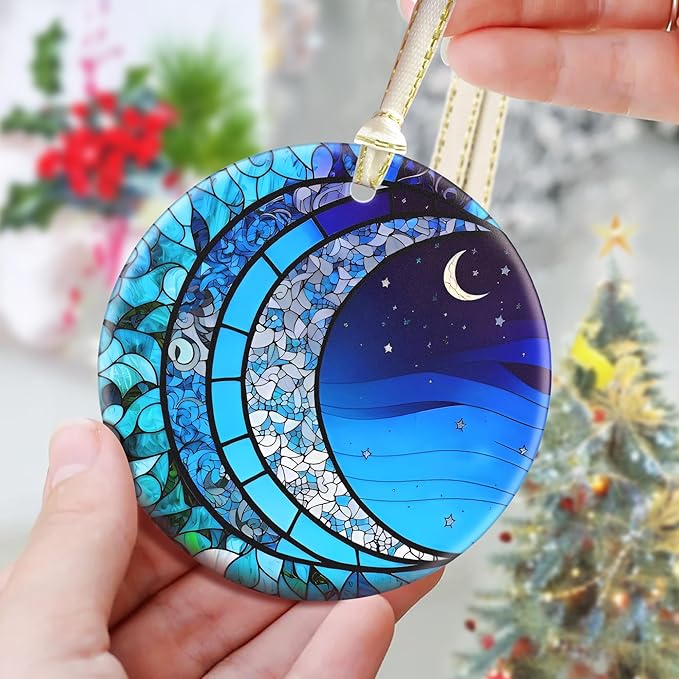 3.5 Inch Ceramic Christmas Tree Ornament, Blue Moonlight Christmas Ornaments, Heirloom Keepsake, Gift Exchange, Gift Idea, Bauble Present