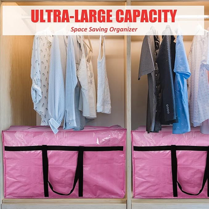 Windyun 4 Pack 57 Gallon Extra Large Storage Bags XXL Moving Bags with Zipper Handles Heavy Duty Jumbo Big Totes Box for Halloween Skeleton 4-12 Feet Christmas Tree Storage College Dorm Cloth (Pink)