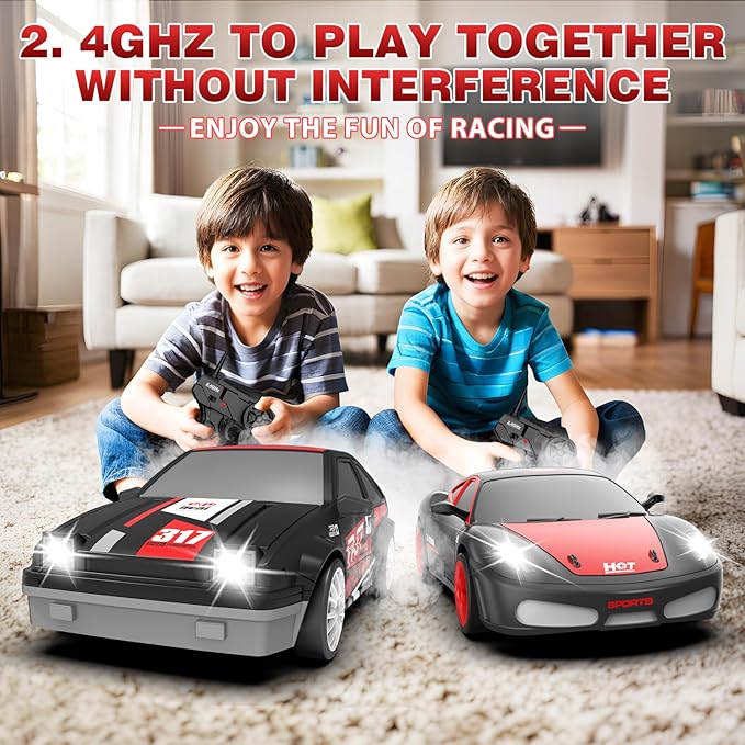 Remote Control Car 1/24 2.4GHz 4WD RC Drift Car, Rechargeable High Speed RC Cars with Cool Lights, Two Batteries and Extra Tires Toys for Kids