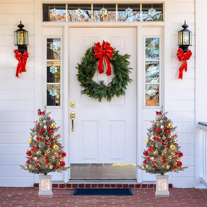 3FT Prelit Artificial Christmas Tree with Lights, 3 Foot Artificial Christmas Tree with Snowflake Base, 78 LED Prelit Christmas Tree, Battery Operated, Timer, Easy Assembly, Winter Holiday Decor