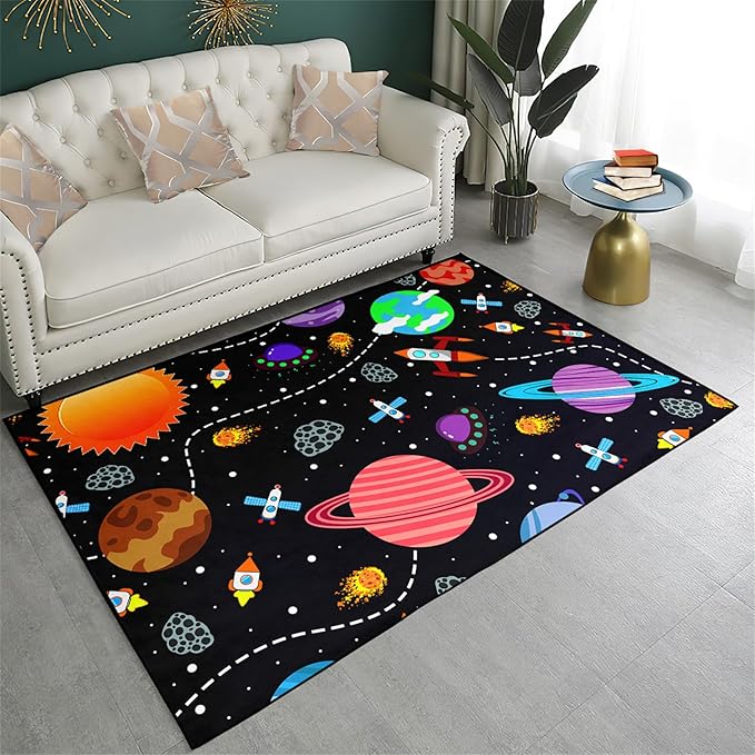 Outer Space Rug for Boys - 2'×3' Galaxy Carpet for Boys Room Cute Cartoon Universe Planet Area Rug Satellite Rockets Kids Baby Polyester Crystal Floor Mat Kids Play Carpet for Children Bedroom