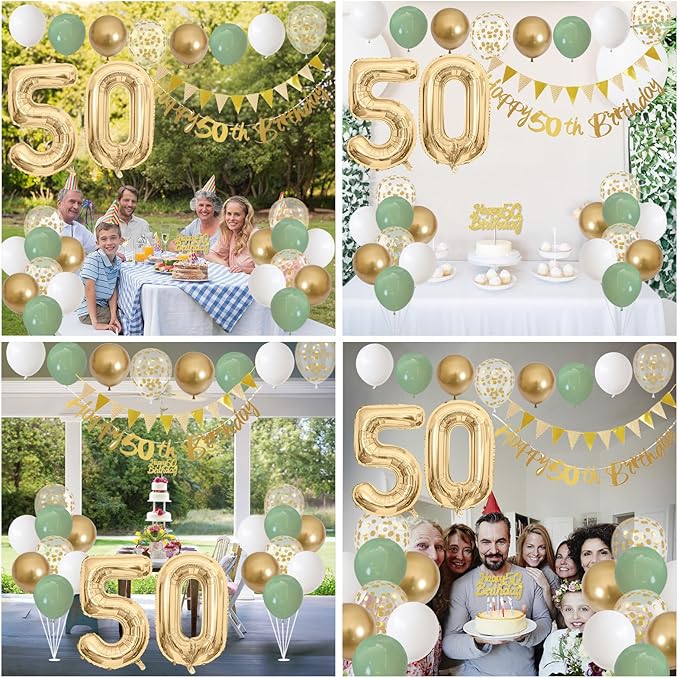 50th Birthday Decorations for Men Women, Sage Green White Gold Balloons with 50th Banner Number 50 Balloon for 50 Year Old Birthday Party Decor