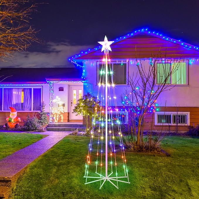 5' LED Animated Outdoor Christmas Tree, Multicolor Lightshow Lighted Cone Wire Tree with Topper Star, Christmas Outdoor Decorations Artificial Lighted Tree for Indoor Outdoor Yard Patio
