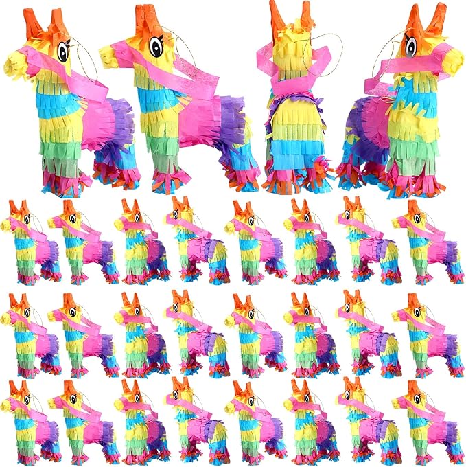 24 Pcs Mini Donkey Pinatas Little Rainbow Donkey Pinatas Bulk Cinco De Mayo Mexican Party Favors for Mexican Carnivals Festivals Taco Tuesday Event, 7.5 x 4 Inches