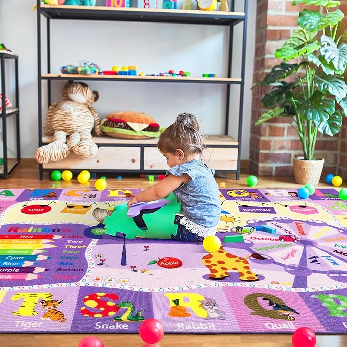 Kids Rugs for Playroom Bedroom Classroom Nursery, Non-Slip and Washable Rugs for Children Toddlers Girls, Educational and Fun Rug Carpets with ABC Alphabet Animals Shapes, 6x9, Purple