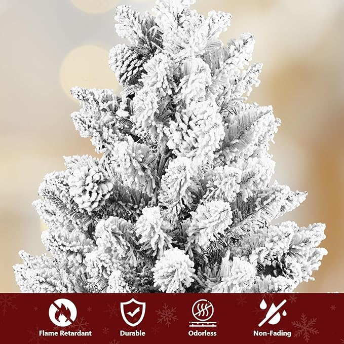 9ft Unlit Snow Flocked Christmas Tree, Artificial Christmas Tree with 1910 Branch Tips, Premium Spruce Full Xmas Tree for Easy Holiday Setup, Foldable Metal Base