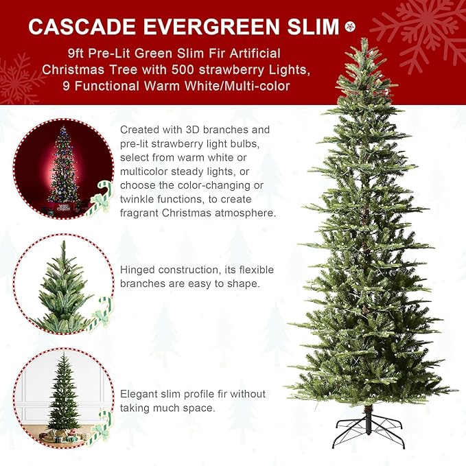 Glitzhome 9ft Prelit Christmas Tree, Cascade Evergreen Slim Fir Artificial Christmas Tree with 500 Strawberry Lights,1468 PE&PVC Branch Tips, 9 Functional Warm White/Multi-Color, Remote Controller