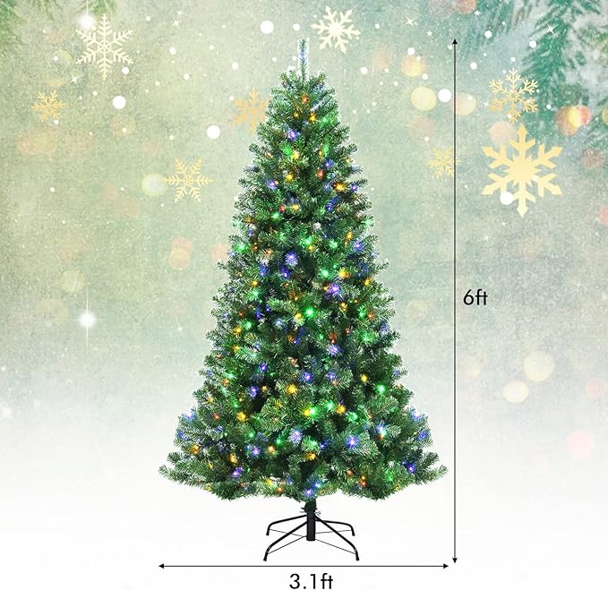 GOFLAME 6ft Artificial Christmas Tree, Pre-lit Xmas Tree 9 Lighting Modes w/ 845 PVC Branch Tips & 350 Color-Changing LED Lights, Holiday Festival Decoration Tree with Remote Control and Metal Stand