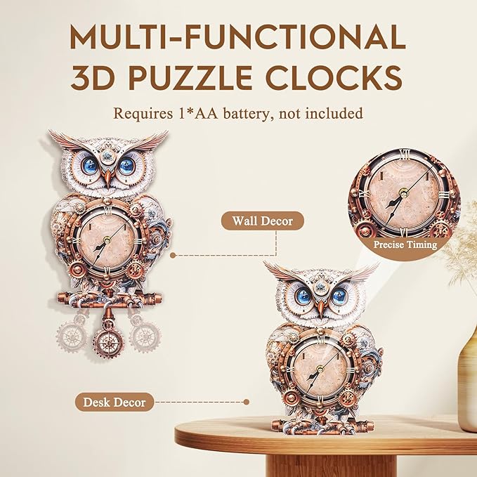 3D Puzzles for Adults Clock-Mechanical Owl Design Model Kit-Mechanical DIY Pendulum Clock with Roman Numerals-Desk Home Office Decor Personalized Gift for DIY Lovers