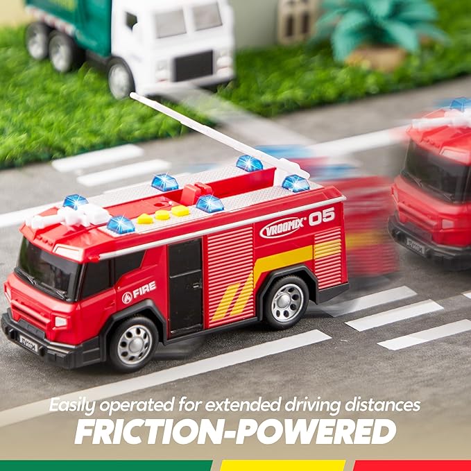 3-Pack Utility Trucks Toy Set – Friction Powered Garbage Truck, Fire and Construction Vehicle with Lights and Sounds – Educational Gift for Boys, Ideal for Kids Toddler