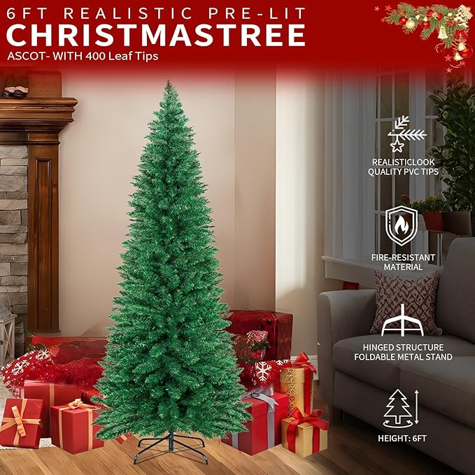 6FT Christmas Tree,Artificial Pencil Christmas Tree with 400 Branch Tips,Xmas Tree with Solid Metal Foldable Stand Perfect for Indoor&Outdoor,Christmas Decoration for Party by DNKMOR