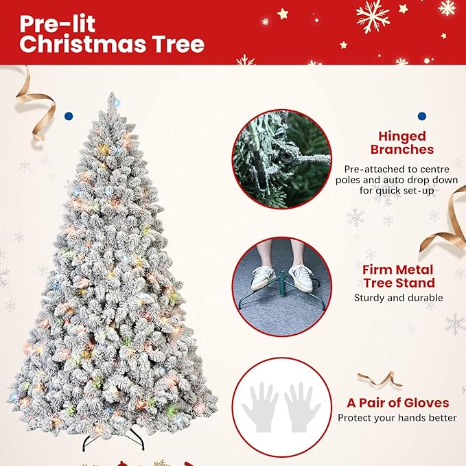 6ft Perlit Snow Flocked Christmas Tree with Lights,Artificial Christmas Tree with Pine Cones,888 Branch Tips, Premium Spruce Full Xmas Tree for Easy Holiday Setup
