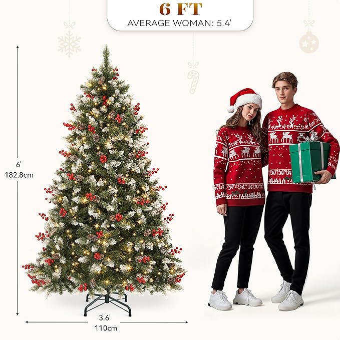 YITAHOME 6FT Prelit Christmas Tree with Remote, Artificial Hinged Pre-Decorated Christmas Tree with 58 Pine Cones & 58 Red Berries, Xmas Tree with 818 Frosted Tips, 250 Lights