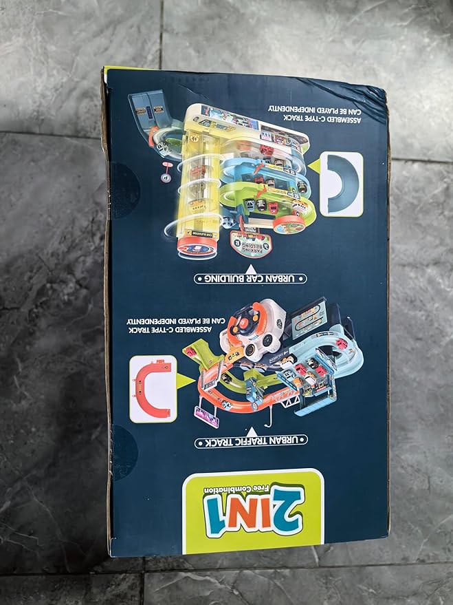 Fisca 2-in-1 Race Car Tracks PlaySet for Kids, Toy Car Ramp Track and Lifting Parking Lot, Dual Mode Toddler Car Track Toy Playset with 6 Cars, Automatic Rotary Elevator, Steering Wheel Music Driving