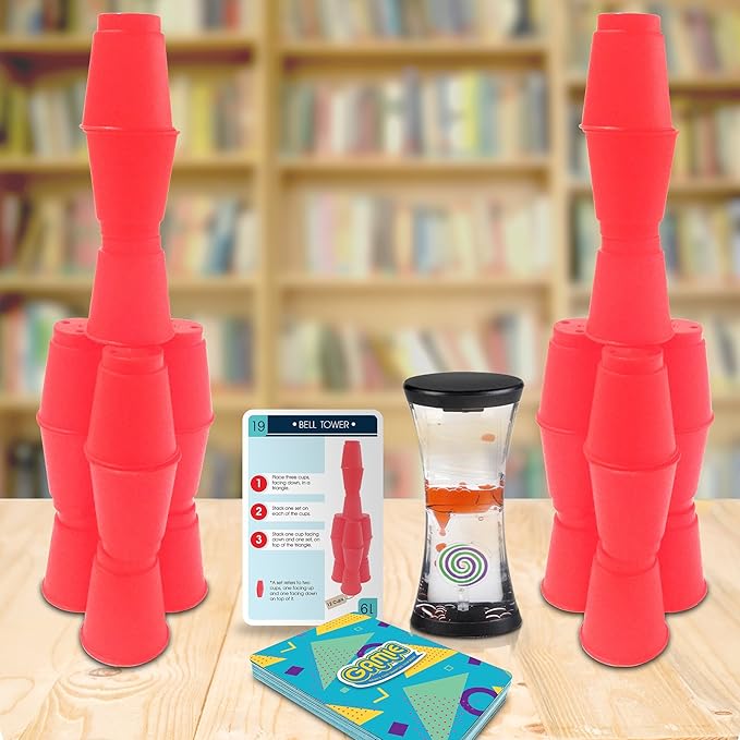 Gamie Stacking Cups Game with 18 Fun Challenges and Water Timer, 24 PCS Cup Stacking Set, Classic Family, Indoor Recess Game for Classroom, Fun Gift Idea for Boys and Girls Ages 3+ Olds