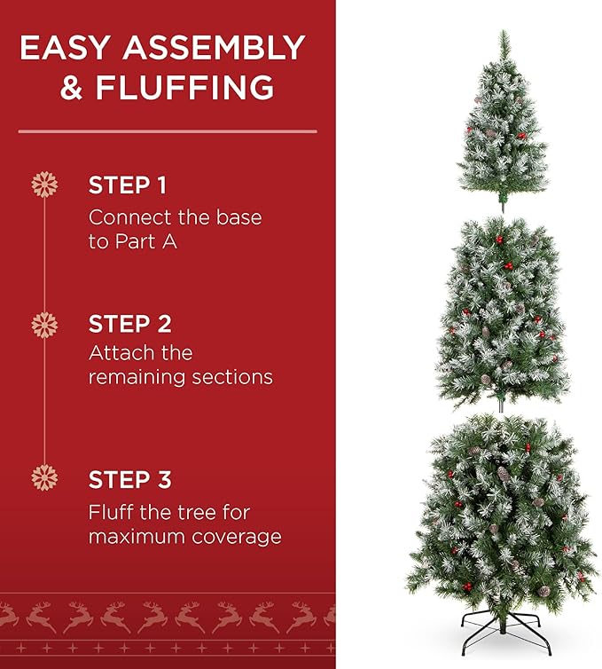 Best Choice Products 6ft Pre-Lit Pencil Christmas Tree, Partially Flocked Pre-Decorated for Home, Skinny Frosted Holiday Tree w/ 618 Tips, 250 Lights, Pine Cones, Metal Hinges & Base