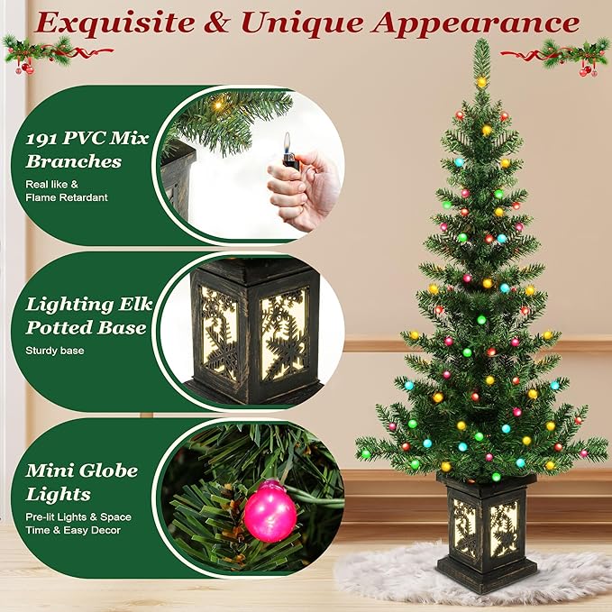 2Pcs 4FT Pre-lit Artificial Potted Christmas Tree with 100 LED Colorful Lights，Artificial Xmas Trees with Retro Snowflack Light Box Base, 190 Branch Tips, Small Xma Tree Decora for Porch,Table, Home