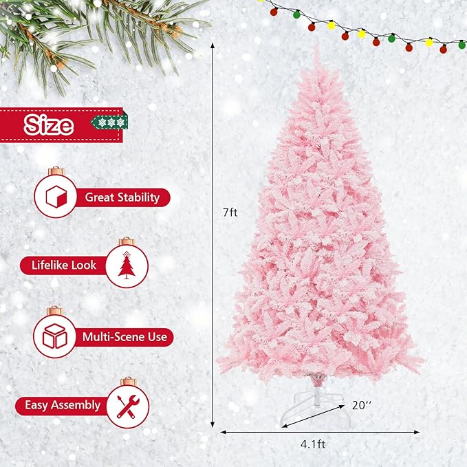 GOFLAME 7FT Pre-Lit Artificial Christmas Tree Snow Flocked, Hinged Xmas Tree with 1200 PVC Branch Tips, 500 LED Lights & 8 Lighting Modes, Holiday Decoration Tree for Home, Office, Party, Pink