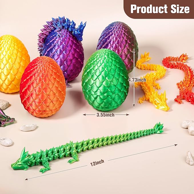 12''3D Printed Dragon and 4.73''Egg - 3D Printed Toys, Articulated Crystal Dragon Egg with Dragons Inside Fidget Toy, Decor Dragons Collectible Figurines (Laser Green,12inch)