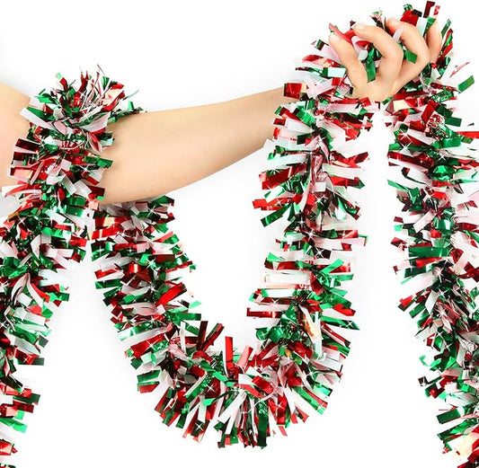 50 Feet Christmas Tinsel Twist Garland - Metallic Tree Decorations for Party Supplies Decor (Red, Green and White)
