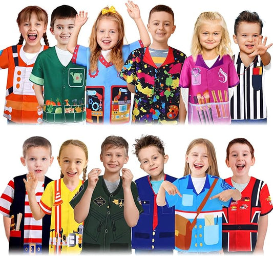 Jiuguva 12 Pcs Role Play Costume Dress up Clothes Cosplay for Kids Community Helper Career Costumes Pretend Play Astronaut Construction Worker Racer Engineer Pirate Painter