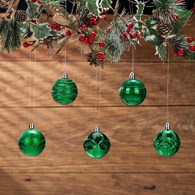100Pcs Christmas Ball Ornaments Set, Shatterproof Plastic Dark Green Christmas Ornaments for Xmas Tree, Assorted Baubles Hanging Decorations for Holiday/Party/Wedding