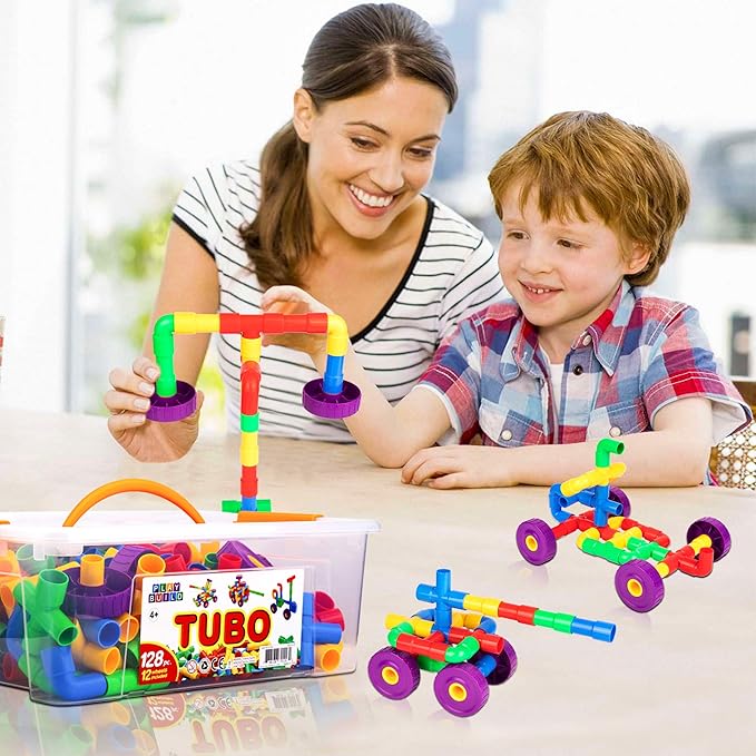 Building Toys for Kids, 128 Piece Construction Blocks for Kids, Tubular Spout Constructor STEM Toy for Toddlers Ages 4+