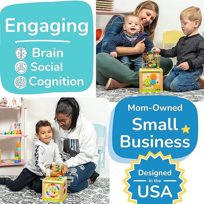 TOYVENTIVE Wooden Activity Cube, Montessori Toys for 1+ Year Old Girl, Multipurpose Educational Sensory Toy for Baby, Toddler, Kid | First Birthday Gift | Bonus First Words Book