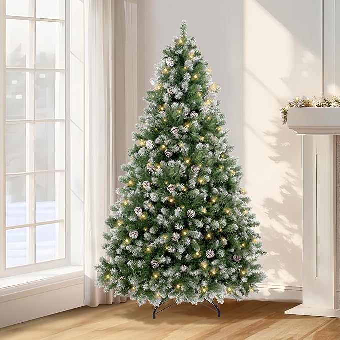 Annecy 6ft Pre-Lit Pre-Decorated Pine Hinged Artificial Full Spruce Christmas Tree w/ 970 Flocked Branch Tips, 60 Pine Cones, 250 Warm White & Multi-Color Lights for Home, Office Decoration,Metal Base