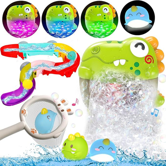 Toddler Bubbles Bath Toys, Light Up Bath Toy for Kids Age 1-3 Baby Bathtub Tub Toy Slide Track Dinosaur Bubble Machine Maker with Music Floating Animal Shower Toys Summer Outdoor Gift Boy Girl Age 2-5