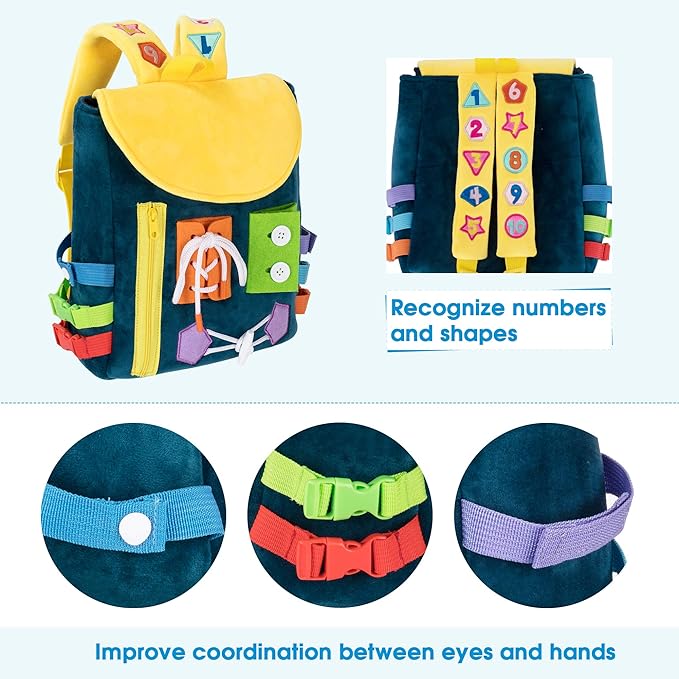 Busy Board - Toddler Backpack with Buckles and Learning Activity Toys - Develop Fine Motor Skills and Basic Life Skills - Learn to Tie Shoes - Children's Travel Toy
