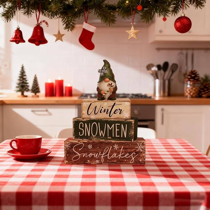 4 Pcs Christmas Decorations Indoor - Wooden Gnome Table Decoration for Home - Christmas Centerpiece For Table - Winter Tiered Tray Decor Rustic Farmhouse Xmas Gift for Home Kitchen Mantel