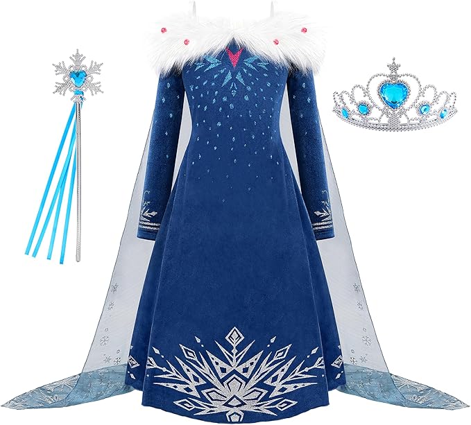 Princess Costume for Girls Halloween Dress Snow Cosplay Christmas Birthday Party Dress Up Outfit Blue