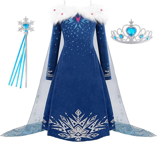 Princess Costume for Girls Halloween Dress Snow Cosplay Christmas Birthday Party Dress Up Outfit Blue