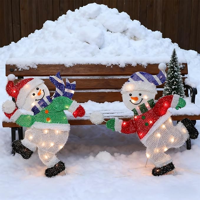 Hausse Set of 2 Lighted Snowmen Christmas Decorations, Pre-Lit 2D Tinsel Cute Snowman Snowball Fight with Lights, Light Up & Plug in for Indoor Outdoor Xmas Winter Holiday Yard Lawn Garden Decor