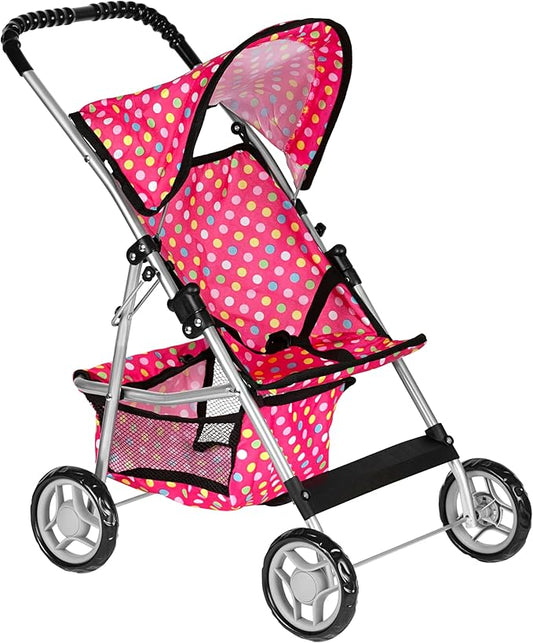 fash n kolor My First Doll Stroller with Basket - Pink Denim and Gray Foldable Doll Stroller - Fits Upto 18" Dolls (Deluxe Polka Dot)