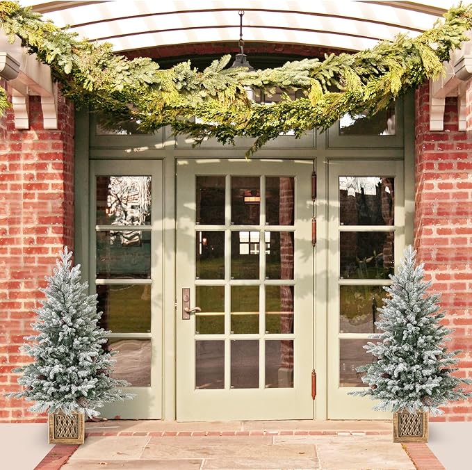 Goplus 4 FT Pre-lit Entrance Christmas Tree, 2 Pack Artificial Snow Flocked Xmas Tree with 231 Branch Tips, 100 LED Lights, 15 Pine Cones & Vintage Base, for Home Office Decor