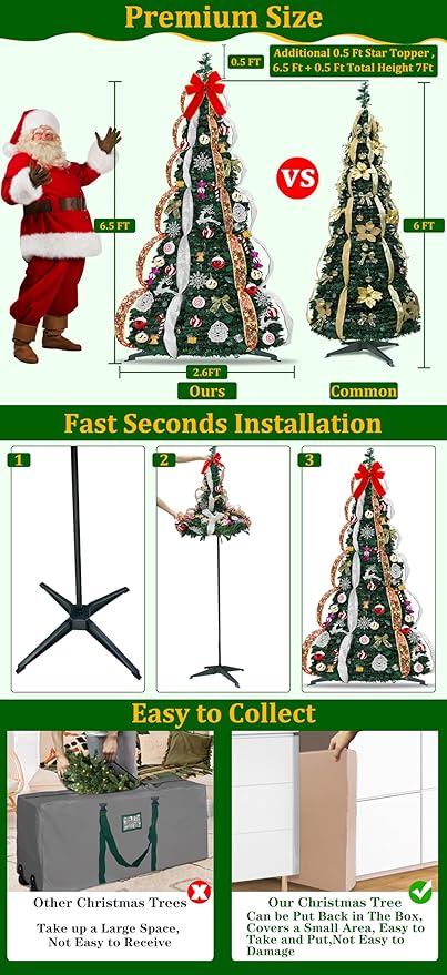 6.5 FT Prelit Pop Up Christmas Tree with 220 Warm White & Multicolor Lights 8 Modes & Timer Fully Decorated 103 Ornaments, Collapsible Pull Up Christmas Tree with Lights for Indoor Home Party Decor