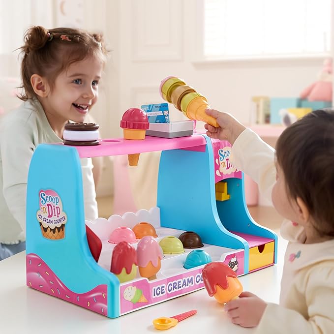 Ice Cream Maker Pretend Toy for Role Play, Play Food Toy Set, Play Kitchen Accessories, Christmas Preschool Gifts for Girls Boys Kids Toddlers Age 3+