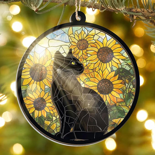 FLAGWIX Christmas Black Cat Gifts for Women - Suncatcher Christmas Ornaments 2025 - Cat Lady Gifts for Women Mom Grandma Pet Lovers, Sunflower Ornament, Memorial Ornament, Pet Loss Sympathy Gift Ideas