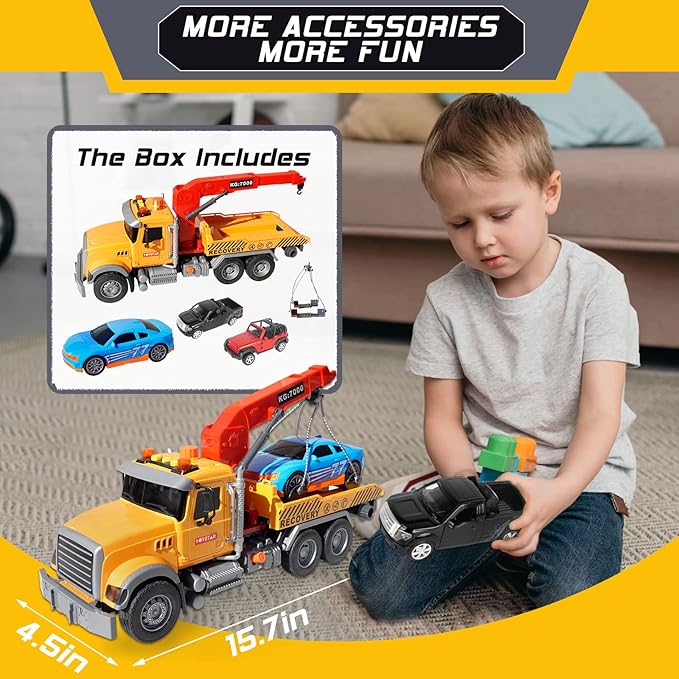 Tow Truck Toy Set with Race Car Metal Off-Road Vehicle and Metal Pickup Truck Ideal Toddler Toys for Kids Ages 4 to 8 Fun Kids Toys for Boys 3 Years and Up Educational Playtime Vehicles