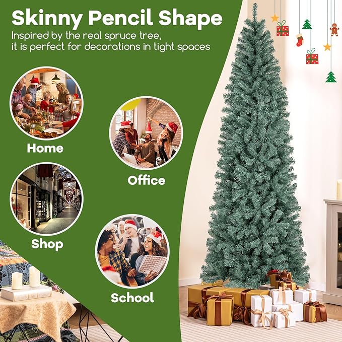 GOFLAME 9FT Pre-Lit Pencil Christmas Tree, Hinged Artificial Xmas Tree with 1168 Branch Tips, 500 LED Lights, 9 Lighting Modes & Folding Metal Stand, Slim Holiday Decoration Tree for Home Party