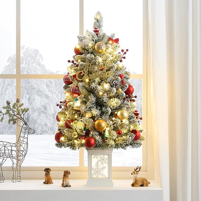 3 Ft Pre-Lit Christmas Tree, Frosted Artificial Christmas Tree with 78 Led Lights,8-Mode Battery Box,Timer Battery,Red Berry,Christmas Decoration for Home, Office,Fireside,Easy Installation