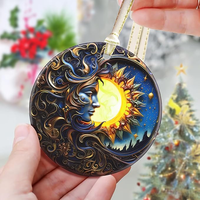 3.5 Inch Ceramic Christmas Tree Ornament, Sun and Moon God Christmas Ornaments, Heirloom Keepsake, Gift Exchange, Gift Idea, Bauble Present