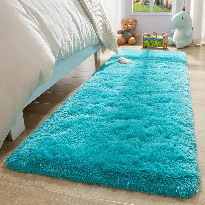 2x6 Blue Fluffy Bedside Runner Rug Machine Washable, Shag Throw Bedroom Rugs Non Slip, Hallway Small Area Long Plush Carpet for Nursery, Kid Boy Girl Room