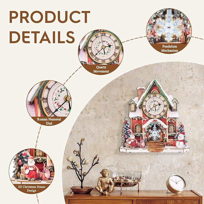 3D Puzzles for Adults Clock-Christmas House Design Model Kit-Mechanical DIY Pendulum Clock with Roman Numerals-Desk Home Office Decor Personalized Gift for DIY Lovers