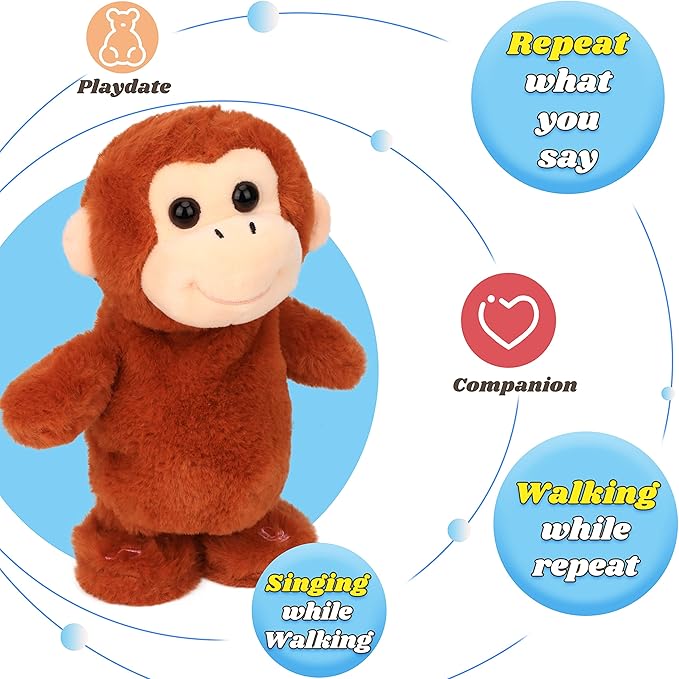 Hopearl Talking Singing Monkey Repeats What You Say Walking Electric Interactive Animated Toy Speaking Plush Buddy Gifts for Toddlers, Brown, 8.5''