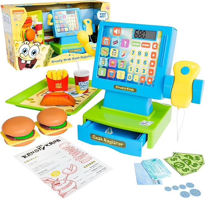 Lollipop Spongebob Cash Register Play Set - Krusty Krab Cash Register - Includes Toy Cash Register and Realistic Play Food Items with Pretend Food and Play Money