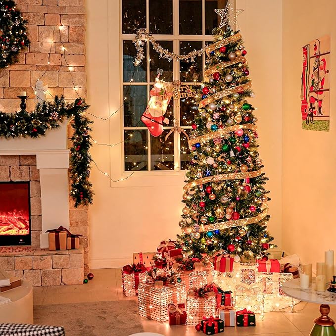 Hykolity 6 ft Prelit Pencil Slim Christmas Tree with 200 Warm White LED Lights, 544 PVC Branch Tips, Metal Stand and Hinged Branches